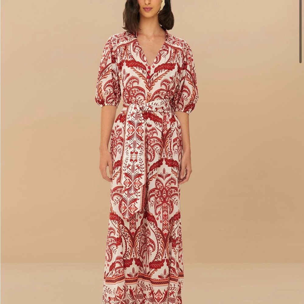 XS FARM Rio Red and Off-White Tropical Cameo Belted Maxi Dress